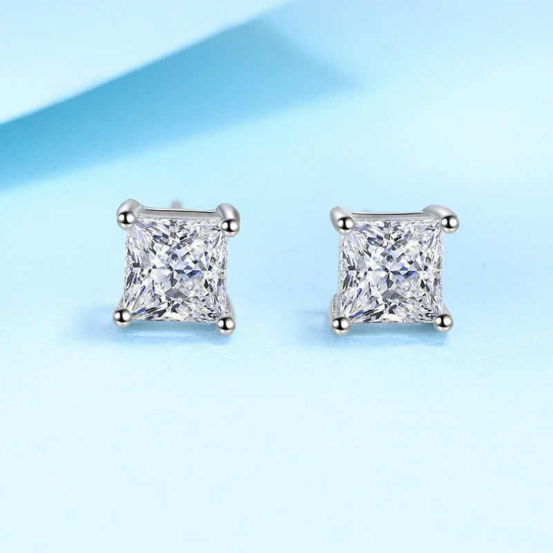 2 Carat Princess Cut Moissanite Earrings s925 Sterling Sliver Plated with 18k White Gold Ear Studs for Women Fine Jewelry