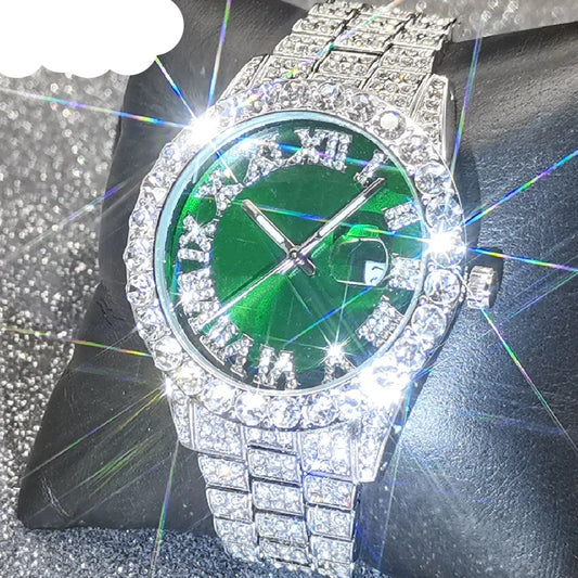 Hip Hop New Men Iced Out Watches Luxury Modern European Quartz Wristwatches Green Dropshipping Moissanite Male Jewelry Clocks