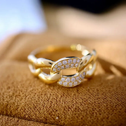 Soild 14K 585 Yellow Gold Moissanite Diamonds Geometric Chain Ring Charm Hip Hop Wedding Party Jewelry