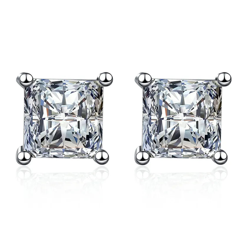 2 Carat Princess Cut Moissanite Earrings s925 Sterling Sliver Plated with 18k White Gold Ear Studs for Women Fine Jewelry