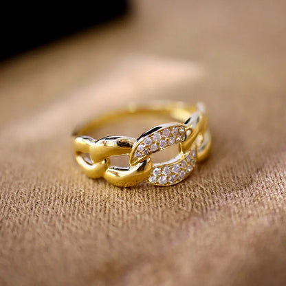 Soild 14K 585 Yellow Gold Moissanite Diamonds Geometric Chain Ring Charm Hip Hop Wedding Party Jewelry